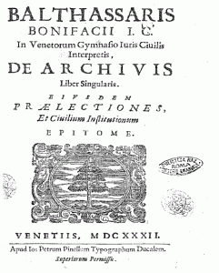 Frontespizio del trattato De archivis di Baldassarre Bonifacio